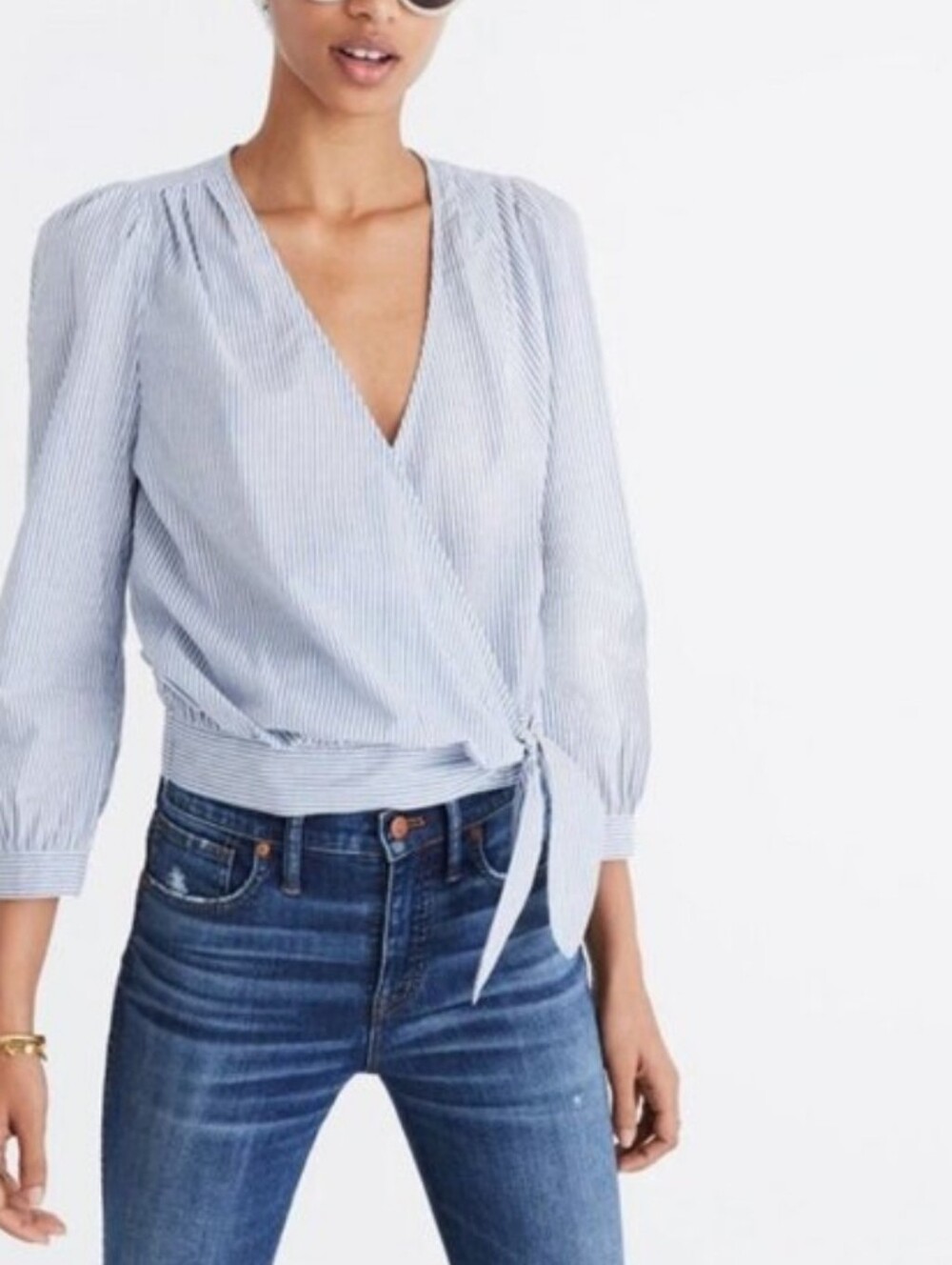 Madewell 100% cotton Navy and White Striped Wrap Blouse with Tie Waist. Size S